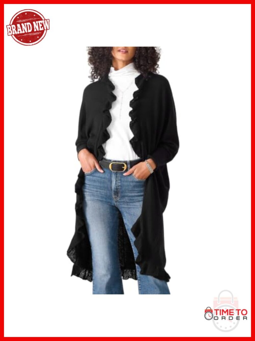 Women's Long Cardigan Sweater Ruffle Trim Knit Open Front Cocoon Wrap